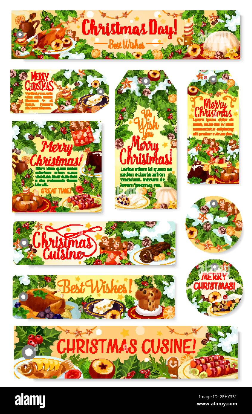 Weihnachts-Dinner-Tag und Label mit festlichem Gericht. Weihnachten türkei, Cookie und Glühwein, Kuchen, Pudding und Lebkuchen Grußkarte, geschmückt mit Chris Stock Vektor