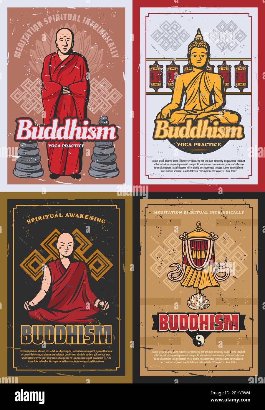 Buddhistische Mönche und Buddhismus Religion Symbole. Vektor-Plakate von Buddha in Meditation mit Mudra-Zeichen und Zen-Steinen, Yin Yang auf Tempel Trommeln und vic Stock Vektor