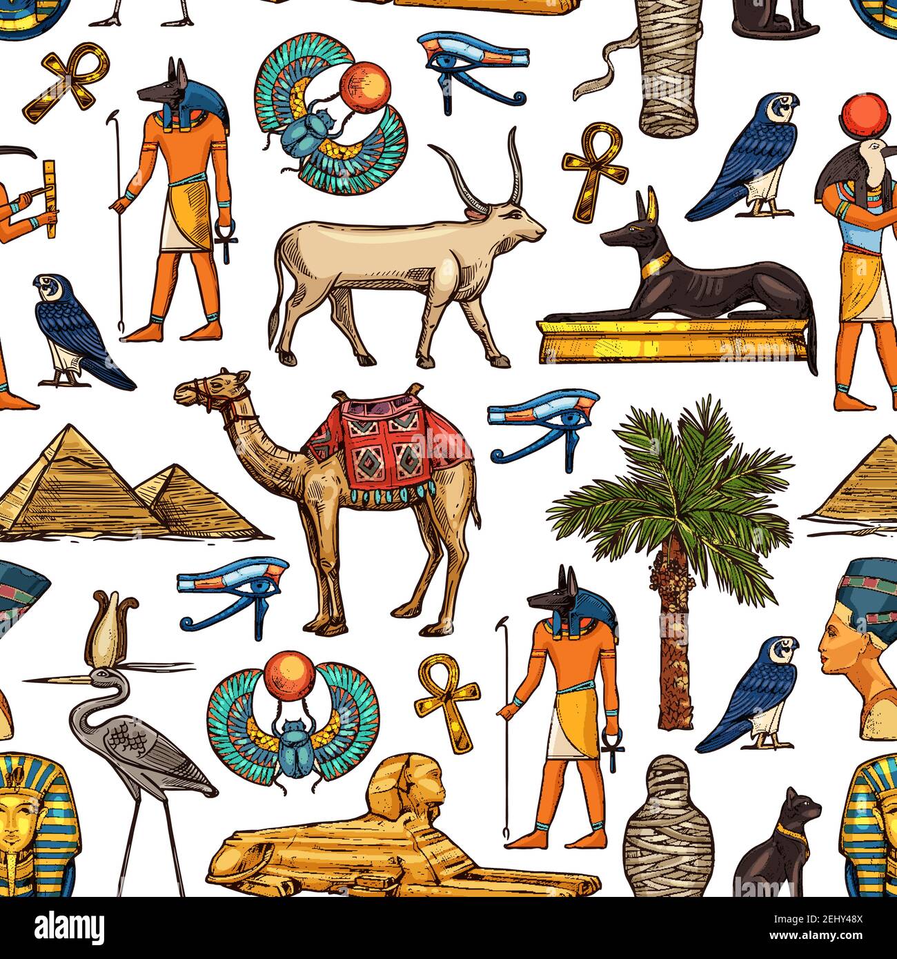 Ägypten Reise Ziel und Religion Symbole nahtlose Muster, ägyptische Götter. Nofretete und Ra, Anubis und Pyramiden, Mumie und Sphinx. Vector Pharaoh Stock Vektor