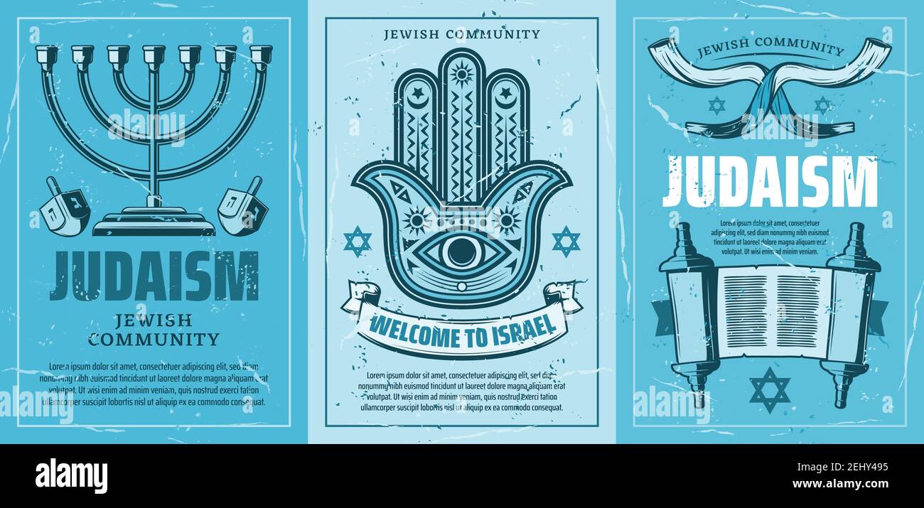 Willkommen auf Israel Plakate mit Judentum Religion Attribute. Leuchter und Fatima Hand Amulett, Thora Buch und heilige Rolle, Stern von David. Vektor-Rücks Stock Vektor