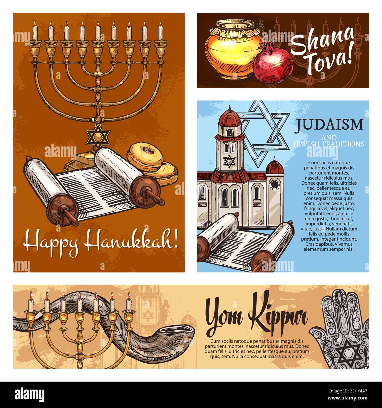 Happy Hanukkah, Shana Tova und Yom Kippur Judentum religiösen Feiertagen Plakate. Vektor Jüdische traditionelle Rosch Hashanah Shofar Horn, Chanukka Menorah oder Stock Vektor