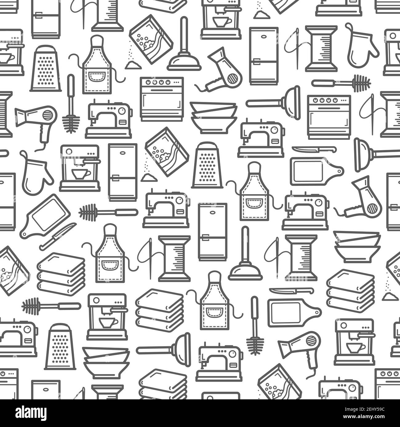Haushaltsgeräte und Haushaltsküchengeräte nahtlose Muster. Vector dünne Linie Kochherd und Schürze, Nadelarbeit Nähmaschine Garn und Nadel Stock Vektor