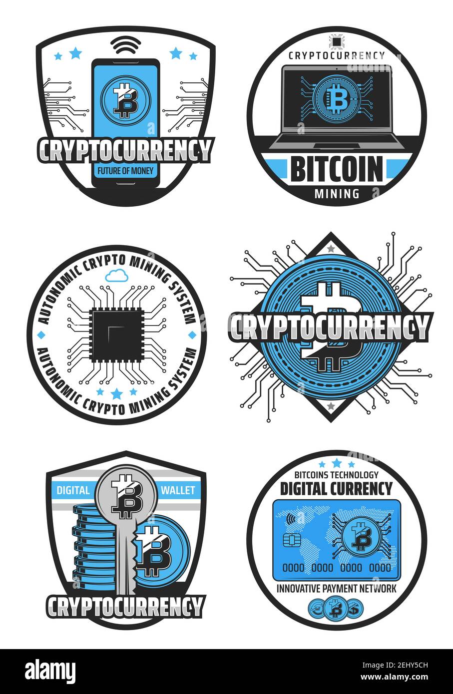 Bitcoin Kryptowährung, Digital Currency Mining und Blockchain-Technologie. Vektor-Icons von Krypto Währung Mine, digitale Brieftasche in Smartphone und cred Stock Vektor