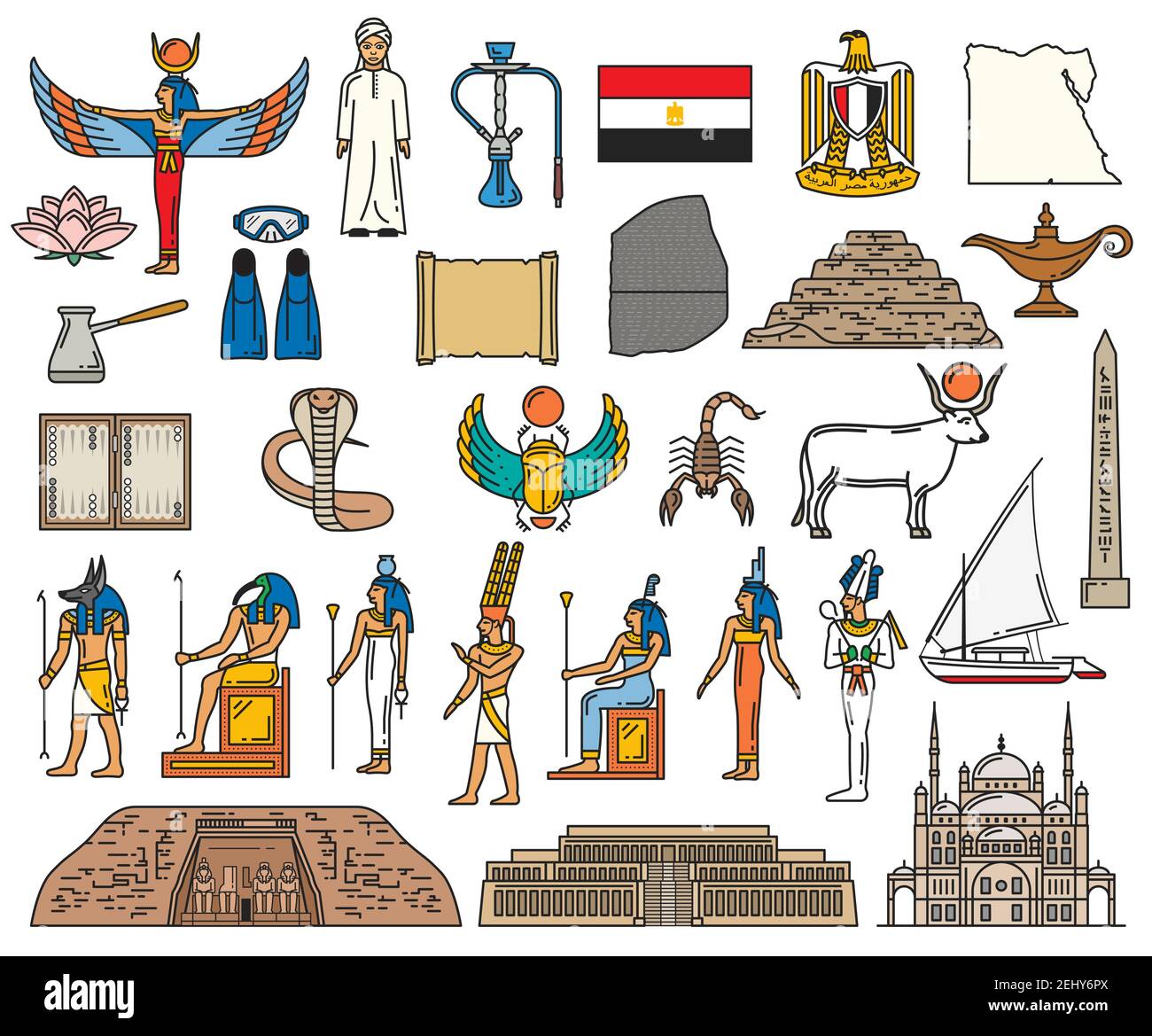 Altes Ägypten religiöse Symbole und heilige Götter. Vektor Ägyptische Kultur und Geschichte Pyramide, Amon oder Anubis und Osiris, Arab beduinen oder Skarabäus und sc Stock Vektor