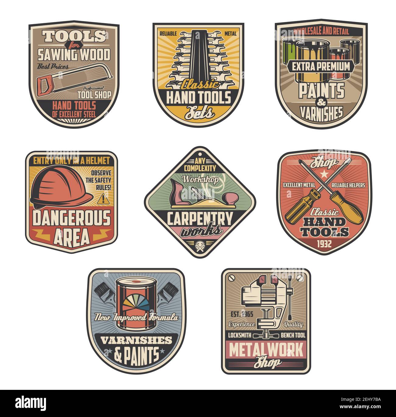 Schreinerei und Schlosser Werkzeuge, Vektor Retro-Icons . Vector Säge und Schraubenschlüssel, Schraubendreher und Tischwerkzeug, Helm, Schraubstock und Sägeholz. Bau und Stock Vektor