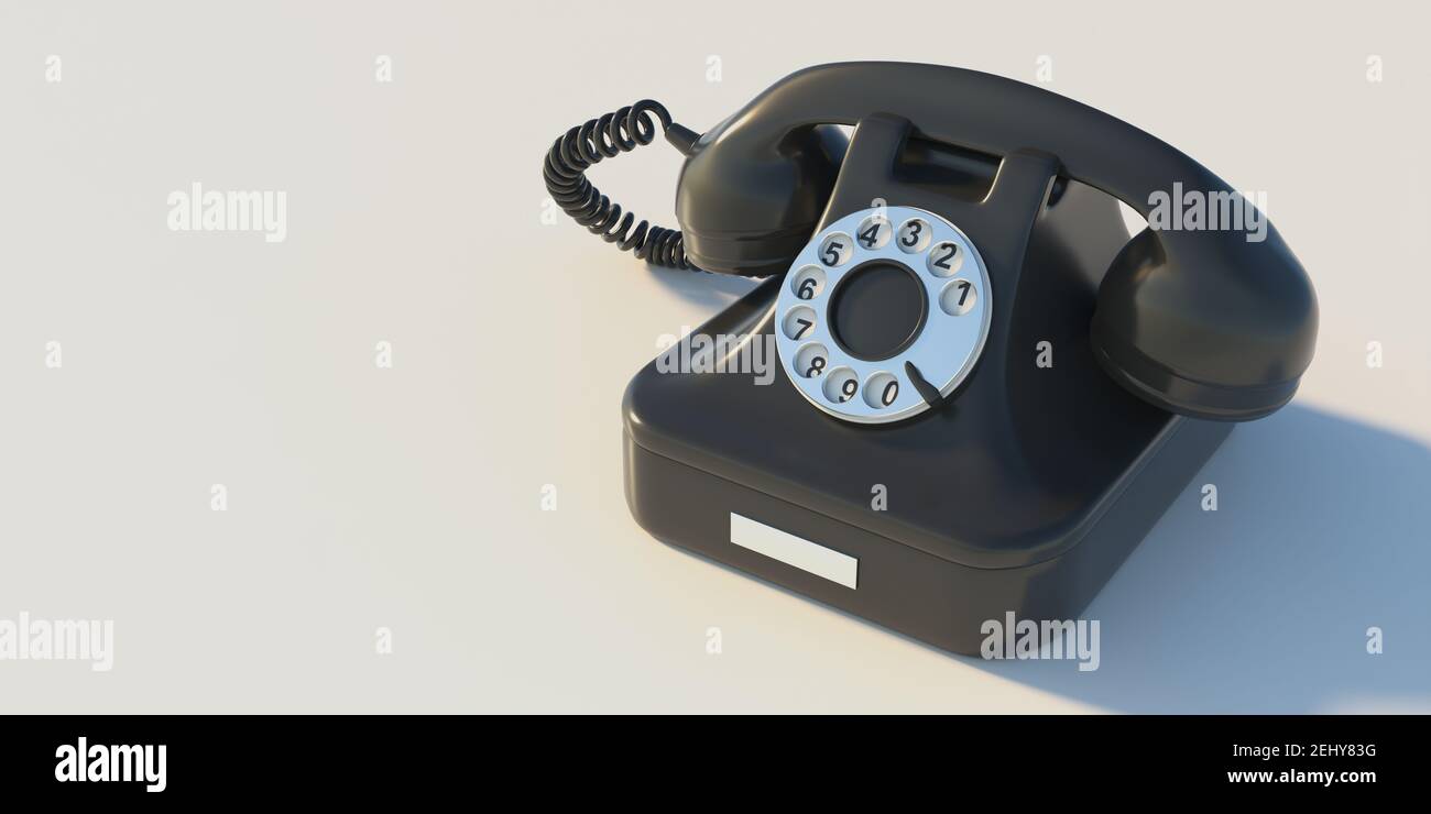 Vintage-Telefon, alte Retro-Telefon isoliert auf weißem Hintergrund, schwarze Farbe Drehziffergerät, Kommunikation Anruf Konzept. 3D Abbildung Stockfoto