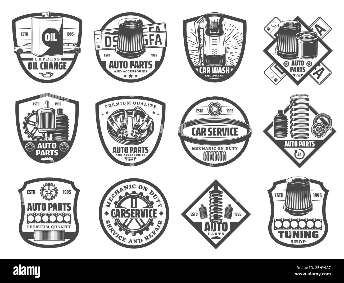 Auto-Reparatur-Service isoliert Symbole, Ersatzteile und waschen. Vector Ölbehälter und Filter, Getriebe und Motor Ladekabel, Feder und Auspuffrohr. Gar Stock Vektor