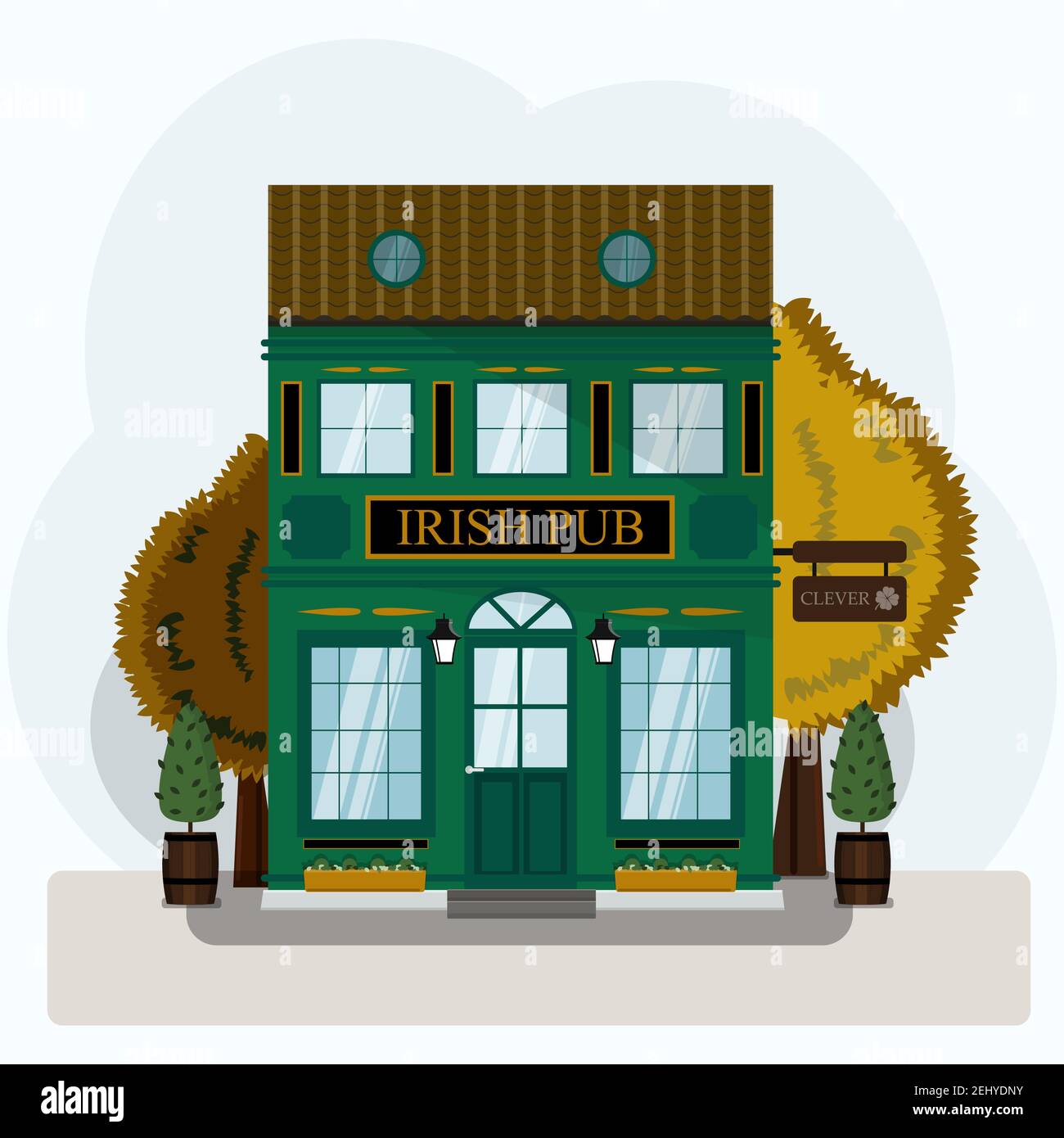 Irish Pub Exterieur Vektorgrafik. Flaches Design der Fassade. Bierhaus-Gebäude-Konzept. Emerald zweistöckiges Restaurant im europäischen Stil. Illust Stock Vektor