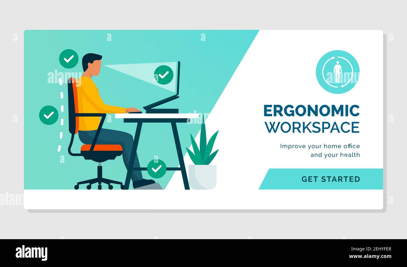 Ergonomischer Arbeitsplatz: Sitzen am Schreibtisch mit richtiger Haltung und Büroausstattung Stock Vektor