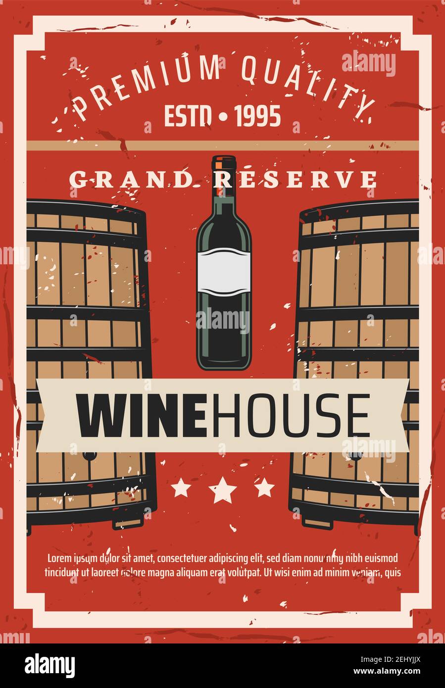 Weinbau Haus und Wein Grand Reserve vintage Poster. Vector Premium-Qualität Rotweinflasche und Holzfass im Gewölbekeller mit Sternen Stock Vektor