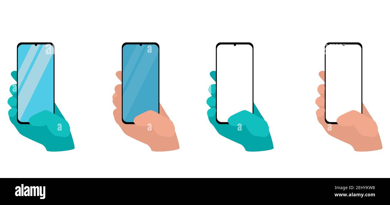 Satz von Hand halten Smartphone isoliert auf weißem Hintergrund. Stellen Sie die Abbildung der Anwendungsvorlage für ein Smartphone ein. Mensch mit Handy, Vektor Stock Vektor