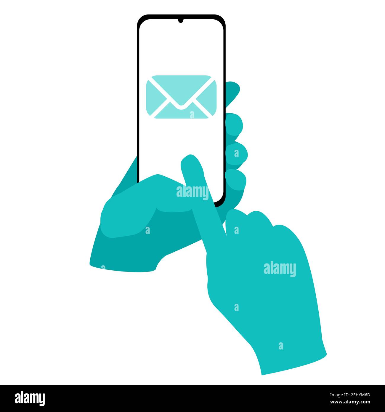 Hände in medizinischen Handschuhen halten ein Smartphone mit einem E-Mail-Briefumschlag. Flache Vektordarstellung isoliert. Stock Vektor