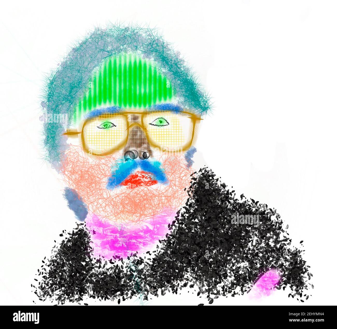 Abstraktes Gemälde eines Mannes mit Brille und Schnurrbart Stockfoto