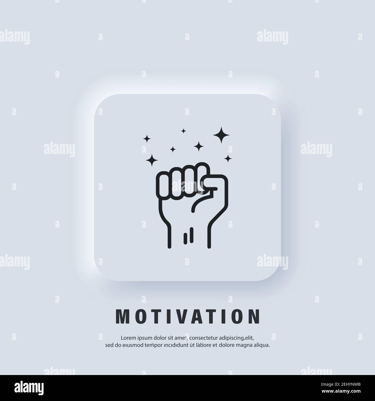 Motivationssymbol. Faust nach oben. Erfolg, Stärkenkonzept. Faust der Hand eines Mannes. Protest. Vektor. UI-Symbol. Neumorphic UI UX White User Interface Web-Button. Stock Vektor