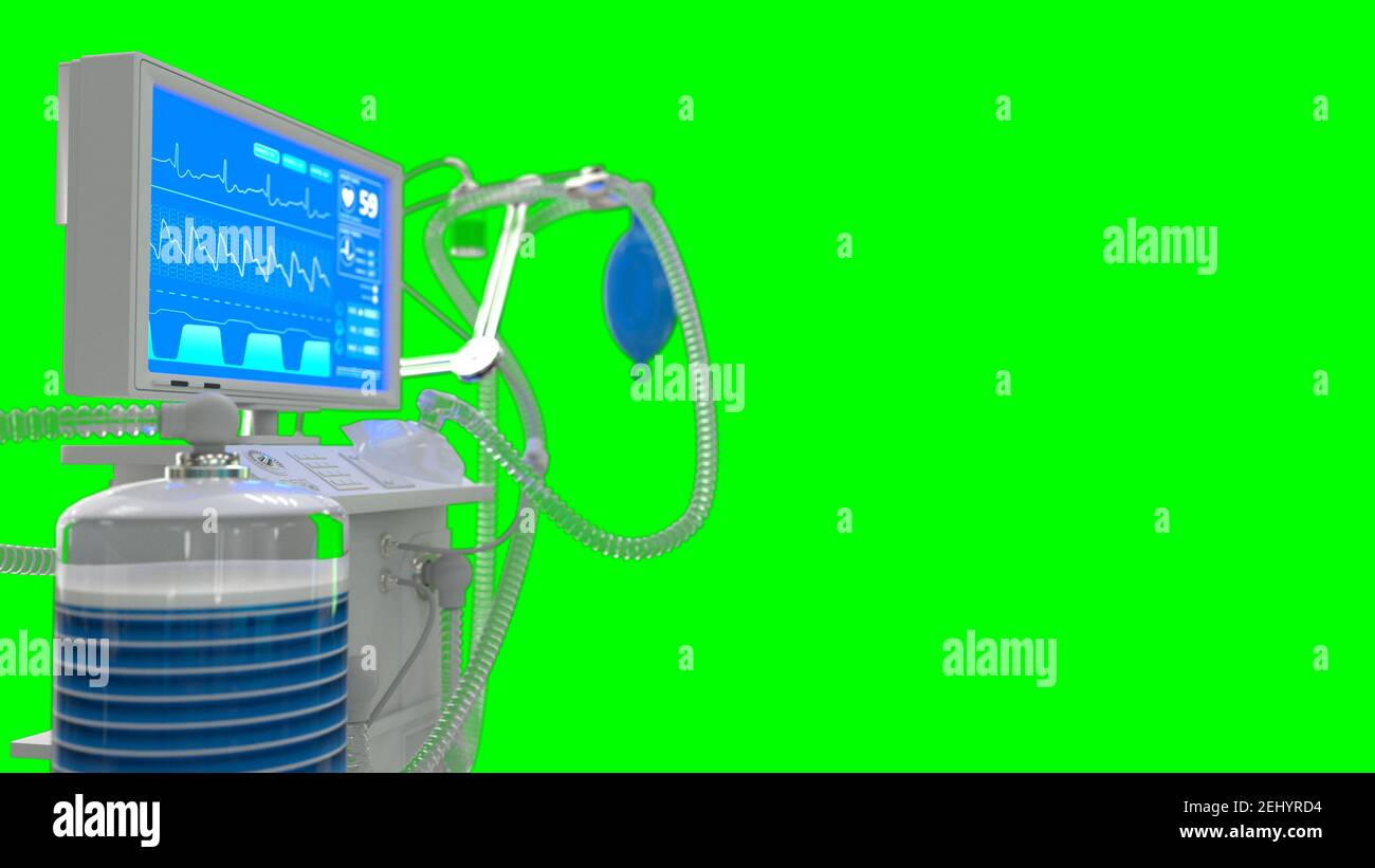 Medicine 3D Illustration, ITS-Lungenventilator mit Bettrendern, isoliert auf grün Stockfoto
