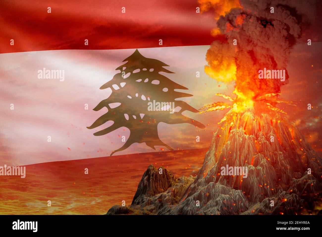 Großer Vulkanausbruch in der Nacht mit Explosion auf Libanon Flagge Hintergrund, leiden unter Katastrophe und Vulkanasche Konzept - 3D Illustration von natu Stockfoto