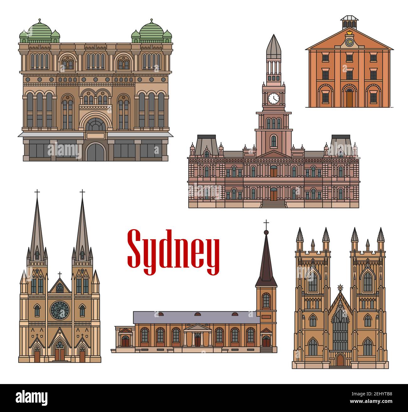 Sydney berühmte Architektur Gebäude Vektor-Ikonen. Australien Fassaden der Saint James Kirche, Hyde Park Baracken und Queen victoria Gebäude, Saint Mary Stock Vektor