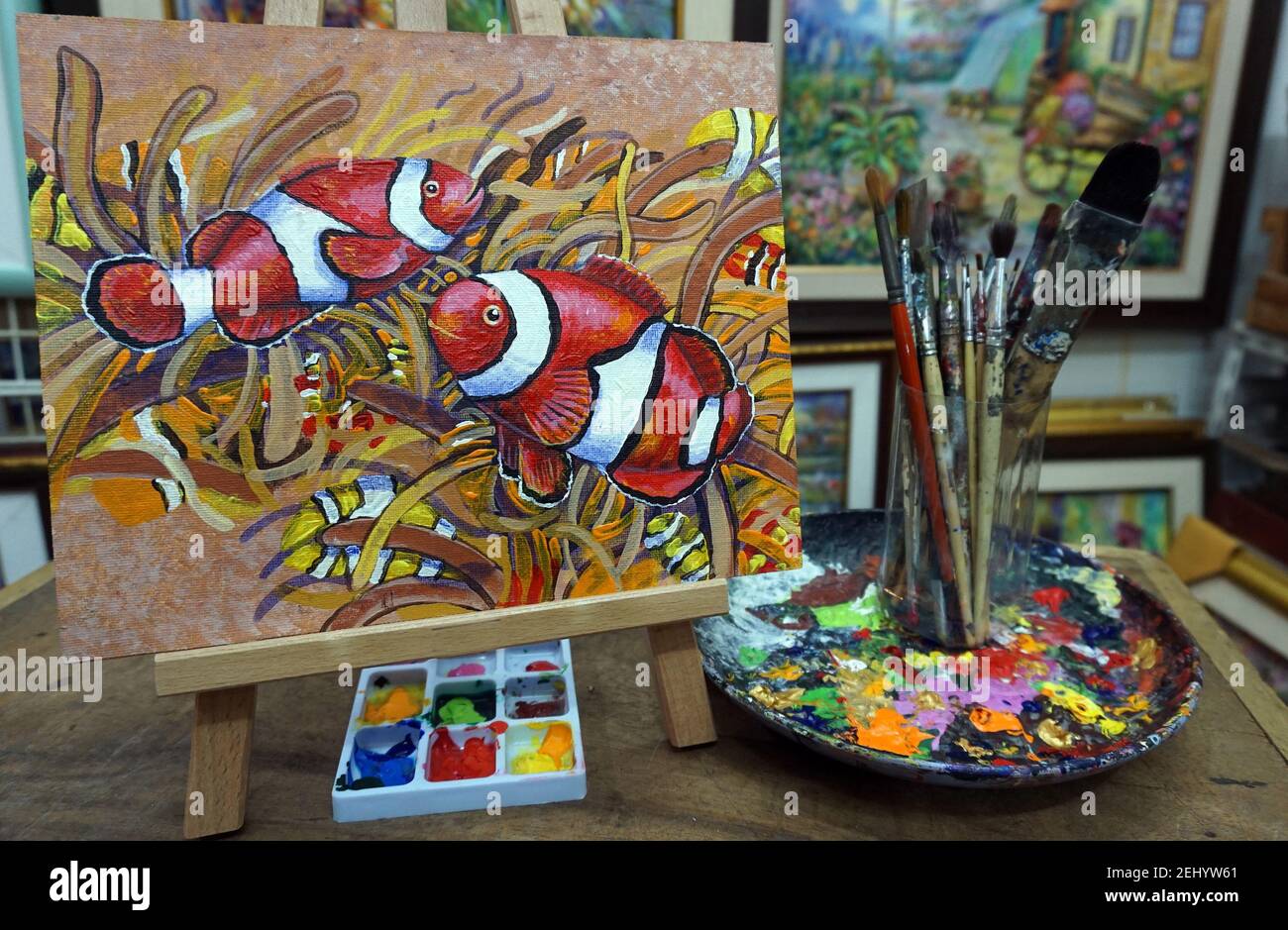 Kunst, Öl, Malerei, Clown Fisch, Amphiprioninae, Nemo Fisch Stockfoto