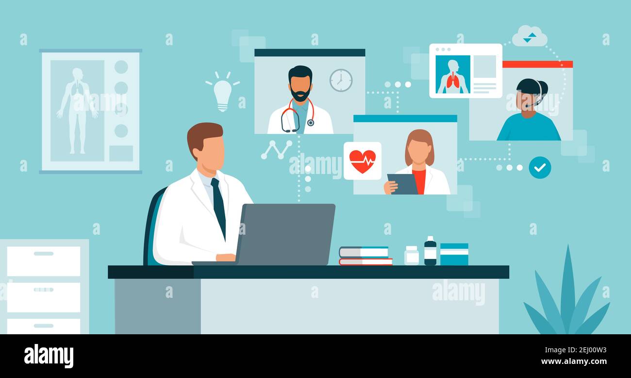 Arzt verbindet sich online und spricht mit anderen medizinischen Fachkräften bei einer Videokonferenz, einer virtuellen medizinischen Konferenz und einem telemedizinischen Kongress Stock Vektor