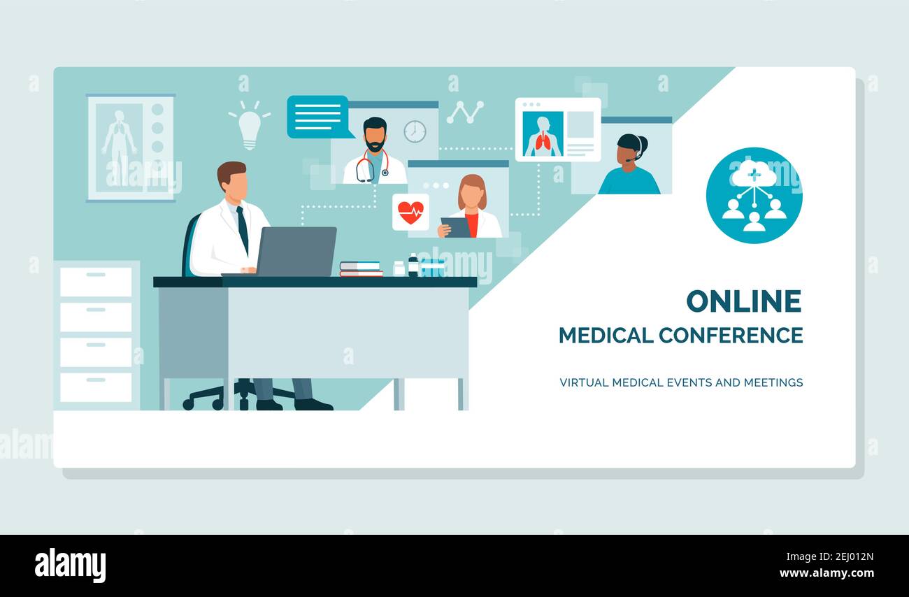 Arzt an einer virtuellen medizinischen Konferenz und im Gespräch mit Gesundheitsexperten, teilen sie medizinische Aufzeichnungen und diskutieren zusammen, telemedizinische Stock Vektor