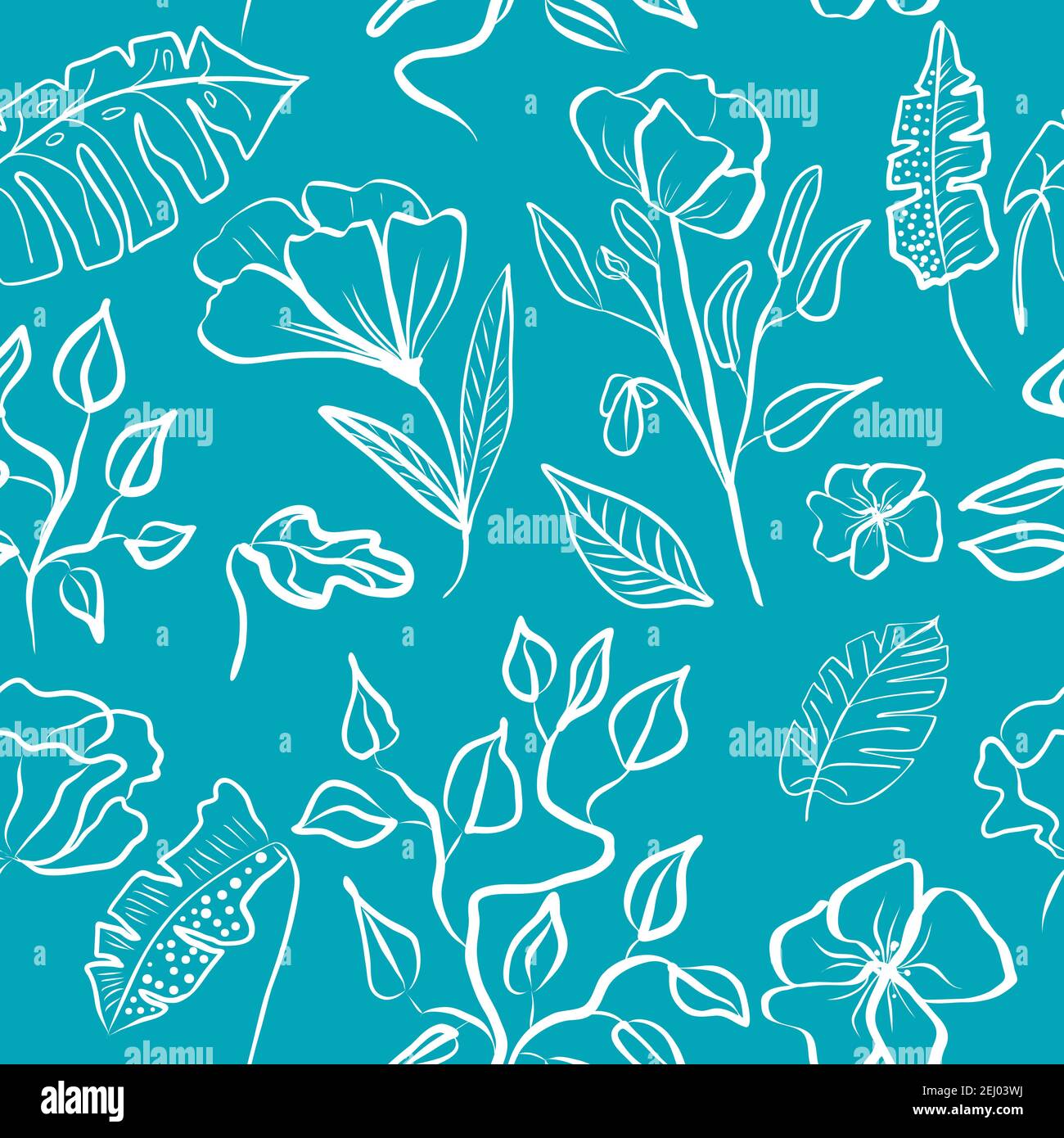 Nahtloses Muster aus weißer Hand zeichnen tropische Blätter und Blumen. Botany Lichtvektor Hintergrund, Dschungel Tapete. Stock Vektor