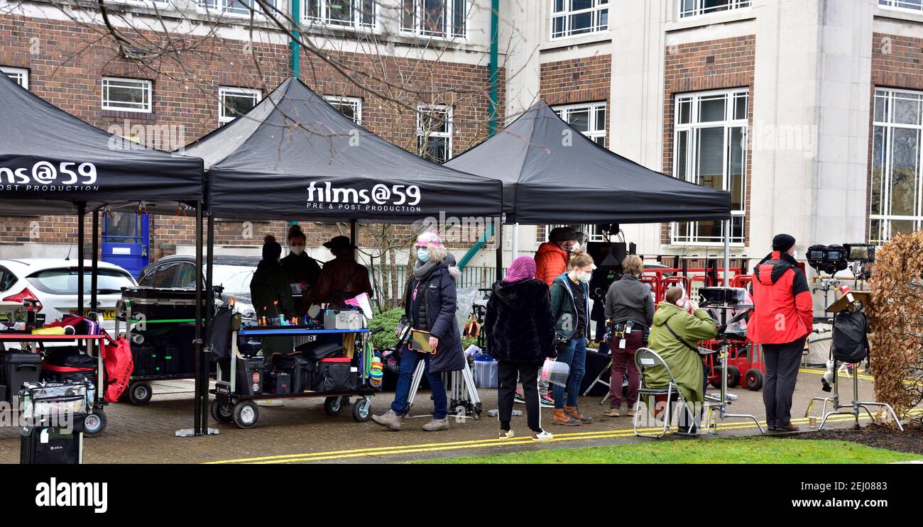 Drehort der Alex Rider Spionage-Drama-Serie für Amazon Prime, hinter den Kulissen Produktionszelte in Bristol, Großbritannien Stockfoto