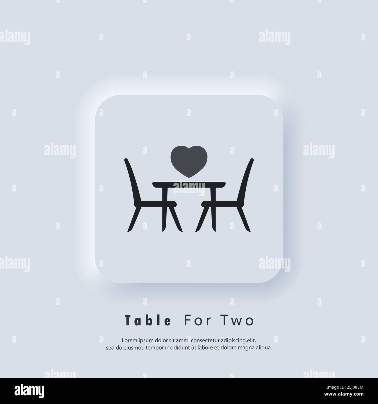 Tabelle für zwei Personen. Tisch und Stühle. Esstisch und Stühle für zwei Personen. Vektor. UI-Symbol. Neumorphic UI UX White User Interface Web-Button. Stock Vektor