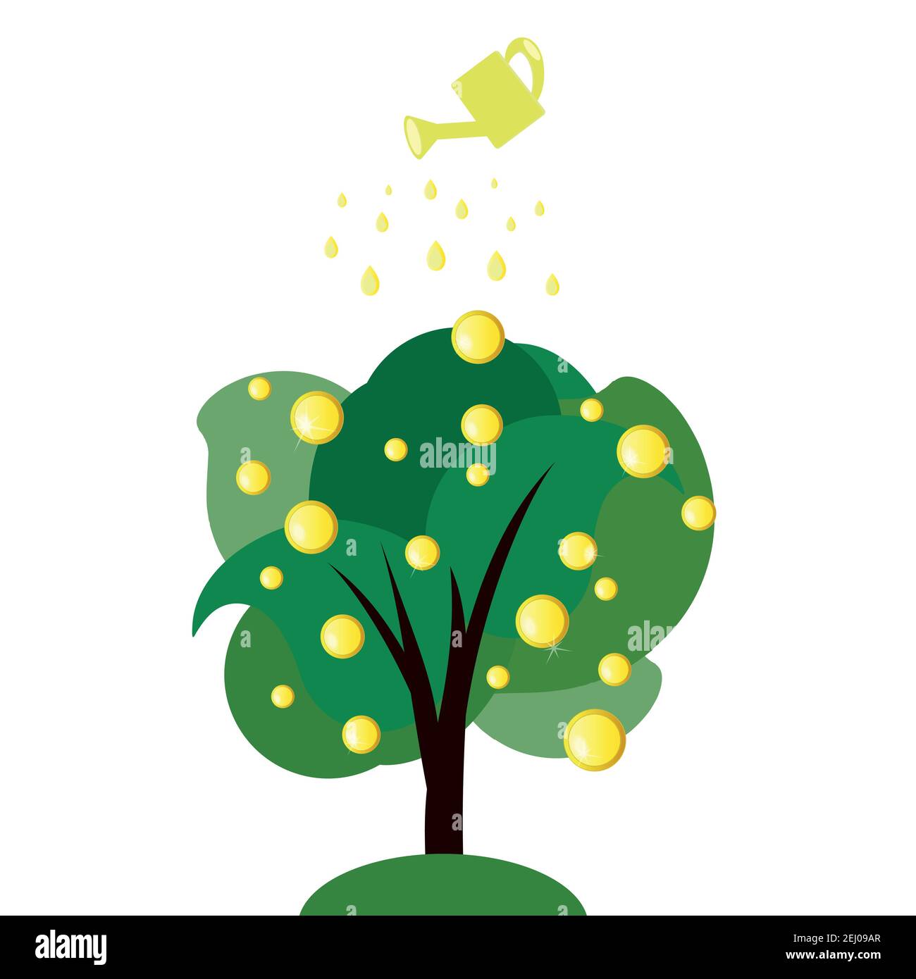 Grüner Baum mit Goldmünzen Gießen von Gold Gießkanne. Geldbaum isoliert auf weißem Hintergrund. Vektor-Illustration von Wohlstand und Reichtum. Investieren Stock Vektor