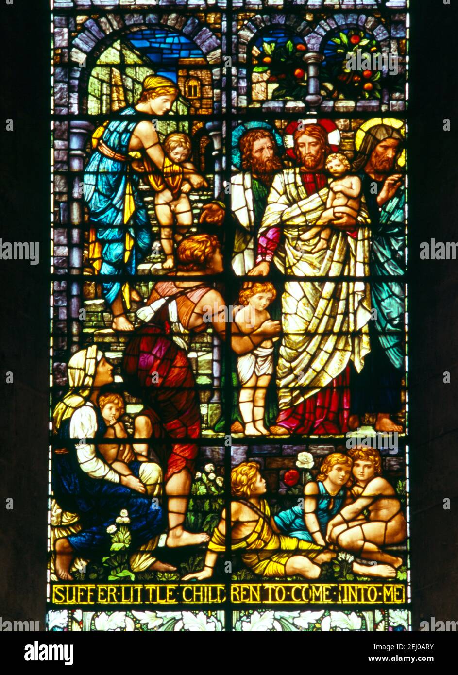 Leiden kleine Kinder Christus und Kinder Glasfenster in Salisbury Cathedral Salisbury Wiltshire England Stockfoto