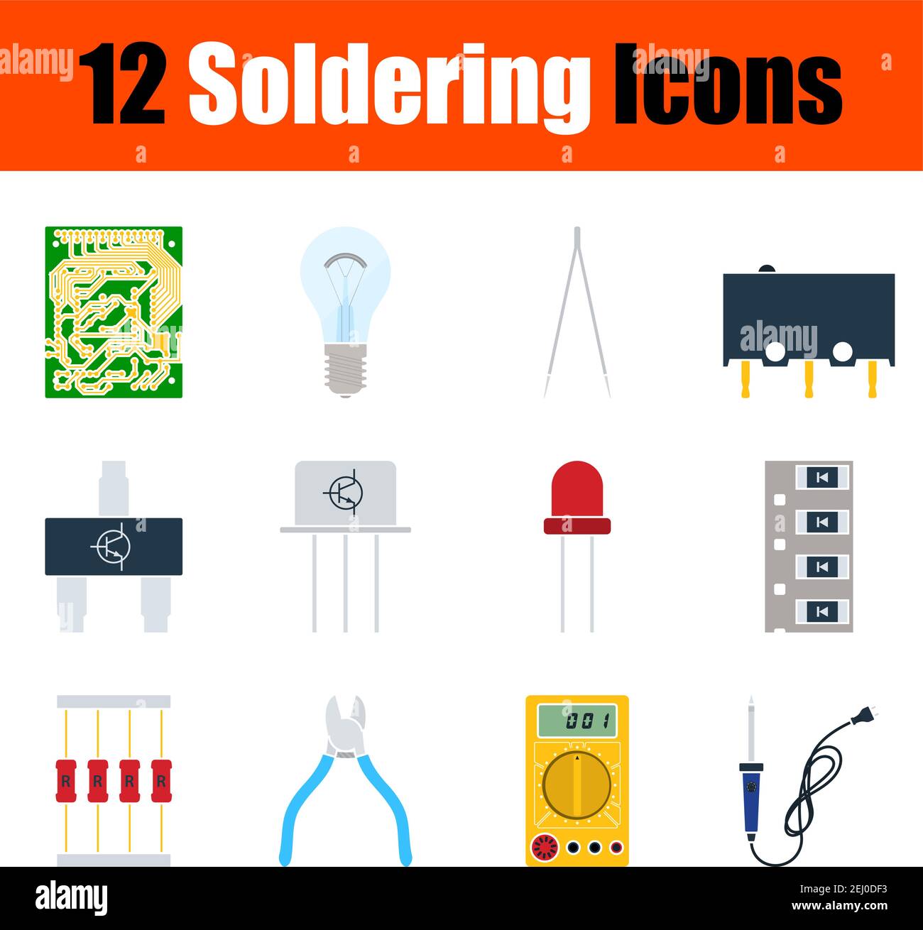 Lötsymbol-Set. Flaches Design. Vollständig editierbare Vektordarstellung. Text erweitert. Stock Vektor