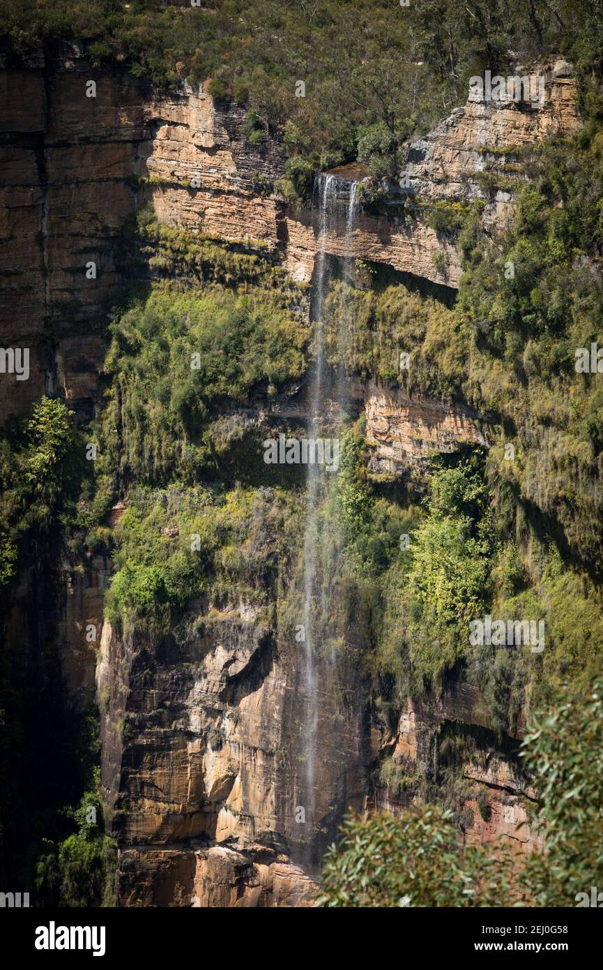 Govett's Leap Wasserfall von Govett's Leap Lookout, Blackheath, Blue Mountains, New South Wales, Australien. Stockfoto