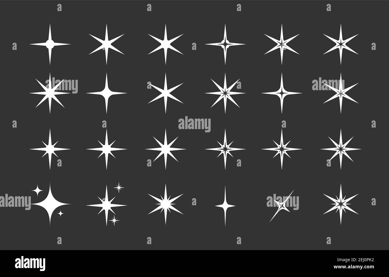 Sterne. Eine Reihe bearbeitbarer Symbole. Die Ausstrahlung von Sternen oder Feuerwerk. Vektorsymbol auf schwarzem Hintergrund. Flaches Design. Stock Vektor