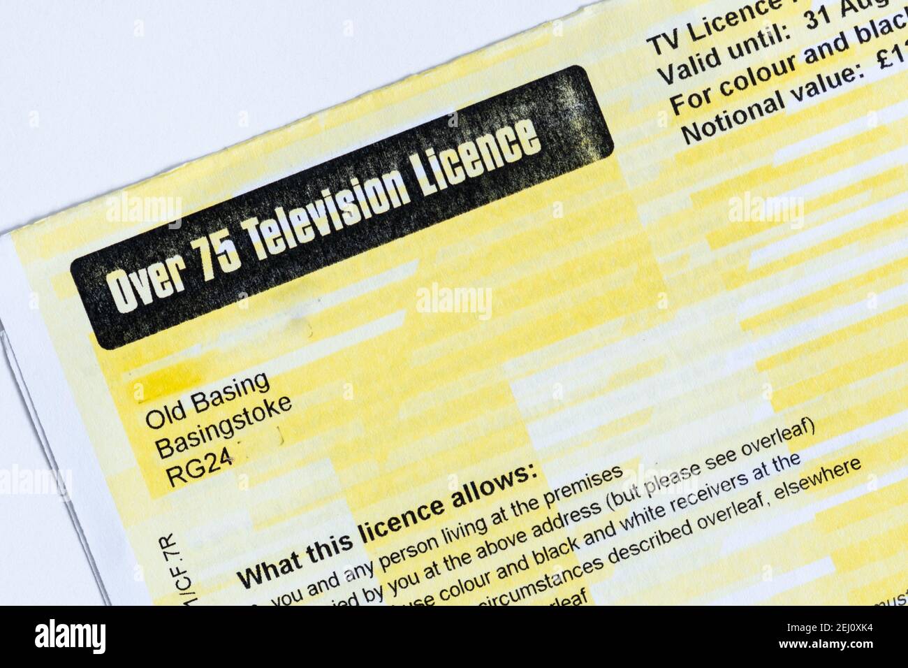 Über 75 TV-Lizenz, kostenlose TV-Lizenz, England, Großbritannien Stockfoto