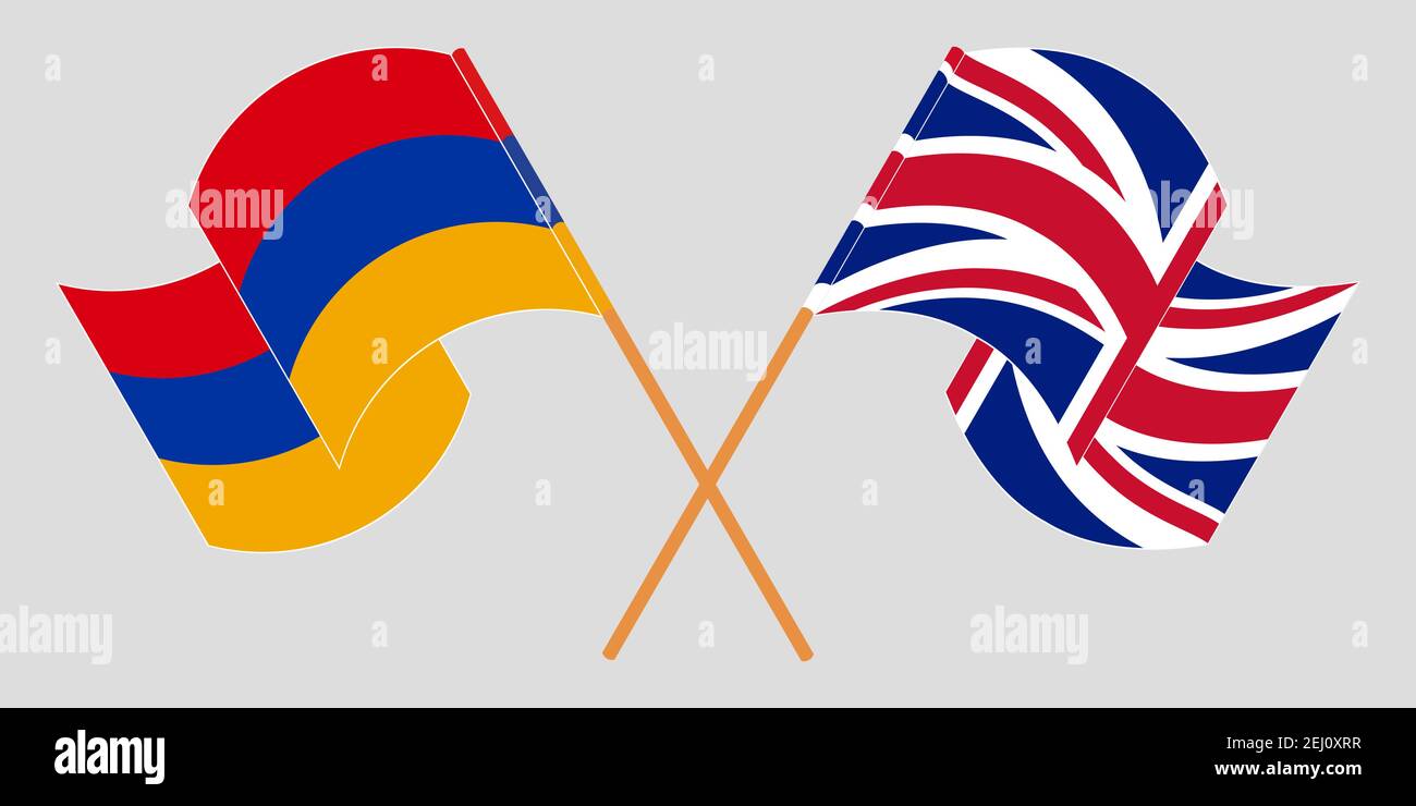 Gekreuzte und winkende Flaggen von Armenien und Großbritannien. Vektorgrafik Stock Vektor