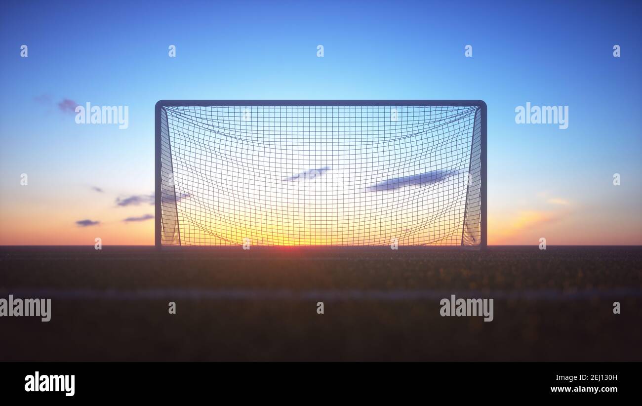 Fußballtor Netz auf dem Feld mit dem Sonnenuntergang im Hintergrund. Clipping-Maske im Lieferumfang enthalten. Stockfoto