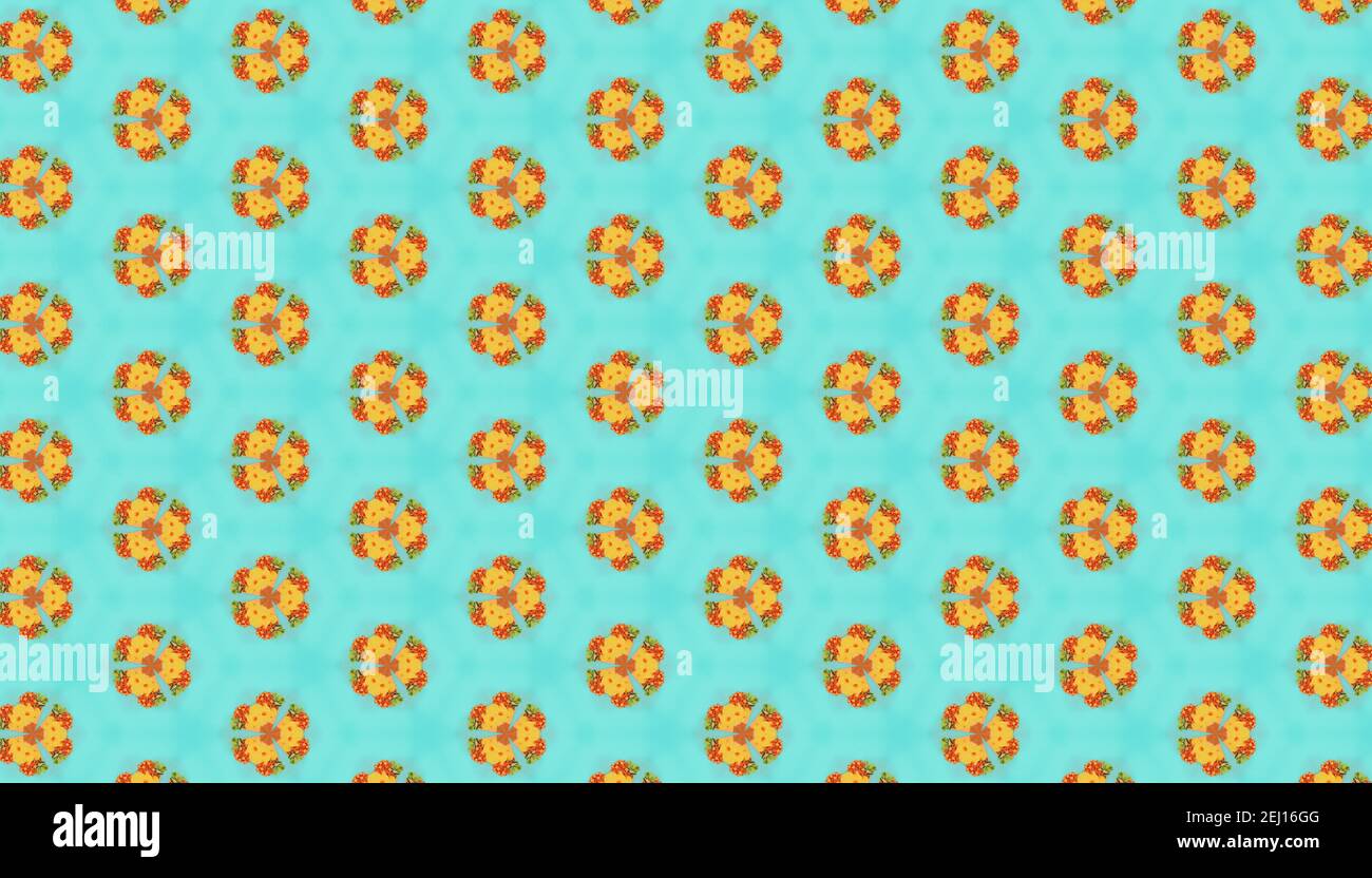 Gelbe und orangefarbene kreisförmige Muster auf blauem Hintergrund - geeignet als Tapete Stockfoto