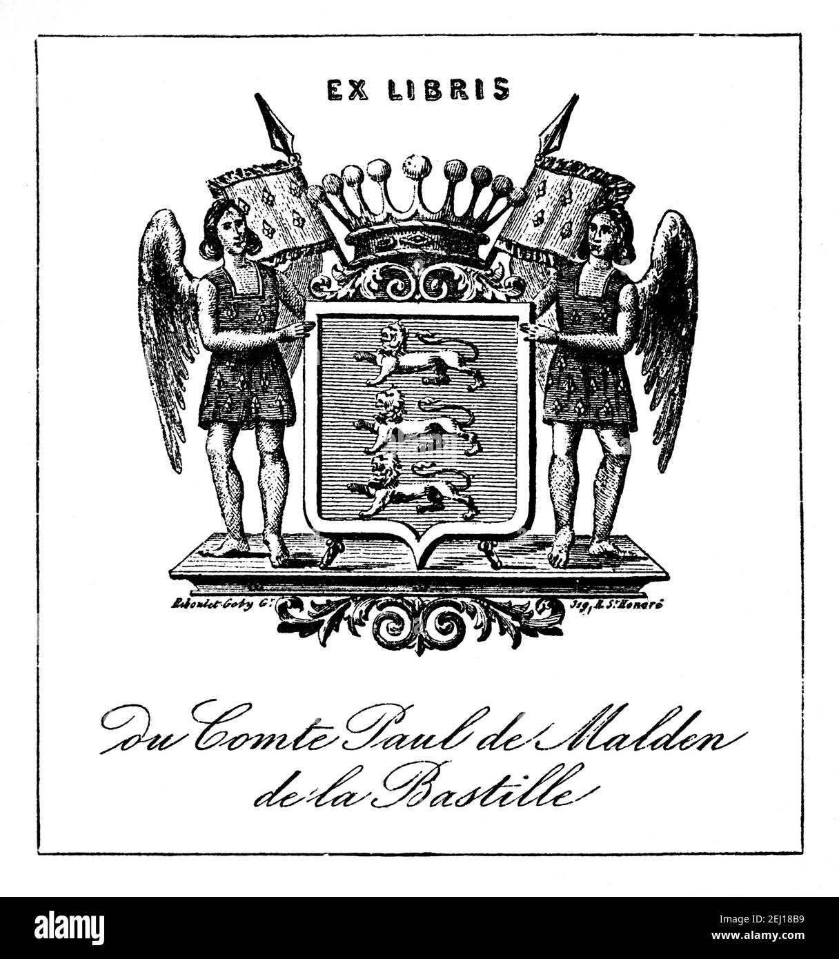 Französisches Exlibris des Comte Paul du Maldon de la Bastille Gestochen von Biboulet Goby von St Honaire Stockfoto