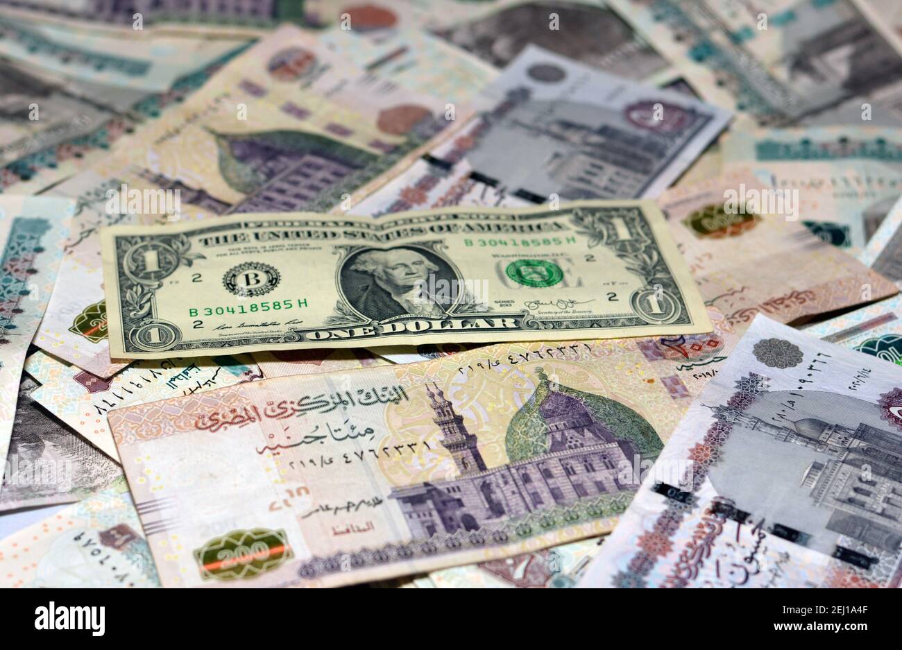 Ägyptische Landeswährung mit US-Dollar-Banknote im Hintergrund. Ägyptische Pfund Geld und amerikanische Dollar Wechselkurs Stockfoto