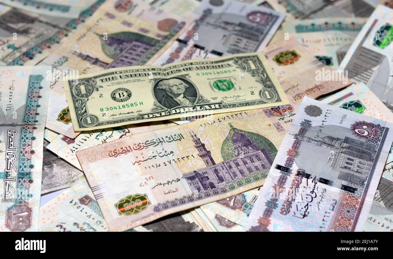 Ägyptische Landeswährung mit US-Dollar-Banknote im Hintergrund. Ägyptische Pfund Geld und amerikanische Dollar Wechselkurs Stockfoto
