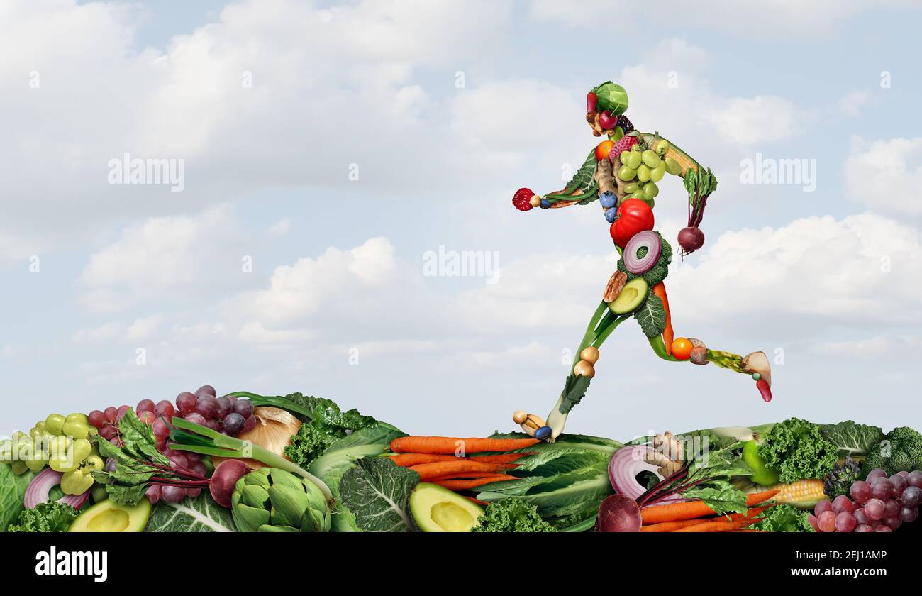 Vegan essen Lebensstil und Ernährung und Fitness als gesunde Bewegung oder essen Obst und Gemüse, Gewicht zu verlieren, wie eine Person laufen oder joggen gemacht. Stockfoto