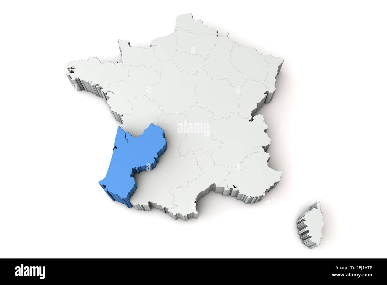 Karte von Frankreich mit der Region Aquitaine. 3D Rendering Stockfoto
