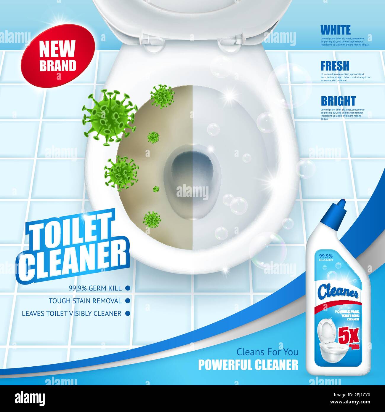Antibakterielle Toilettenreiniger Werbeplakat einschließlich WC-Pfanne mit grün Mikroben und Seifenblasen 3D Vektorgrafik Stock Vektor