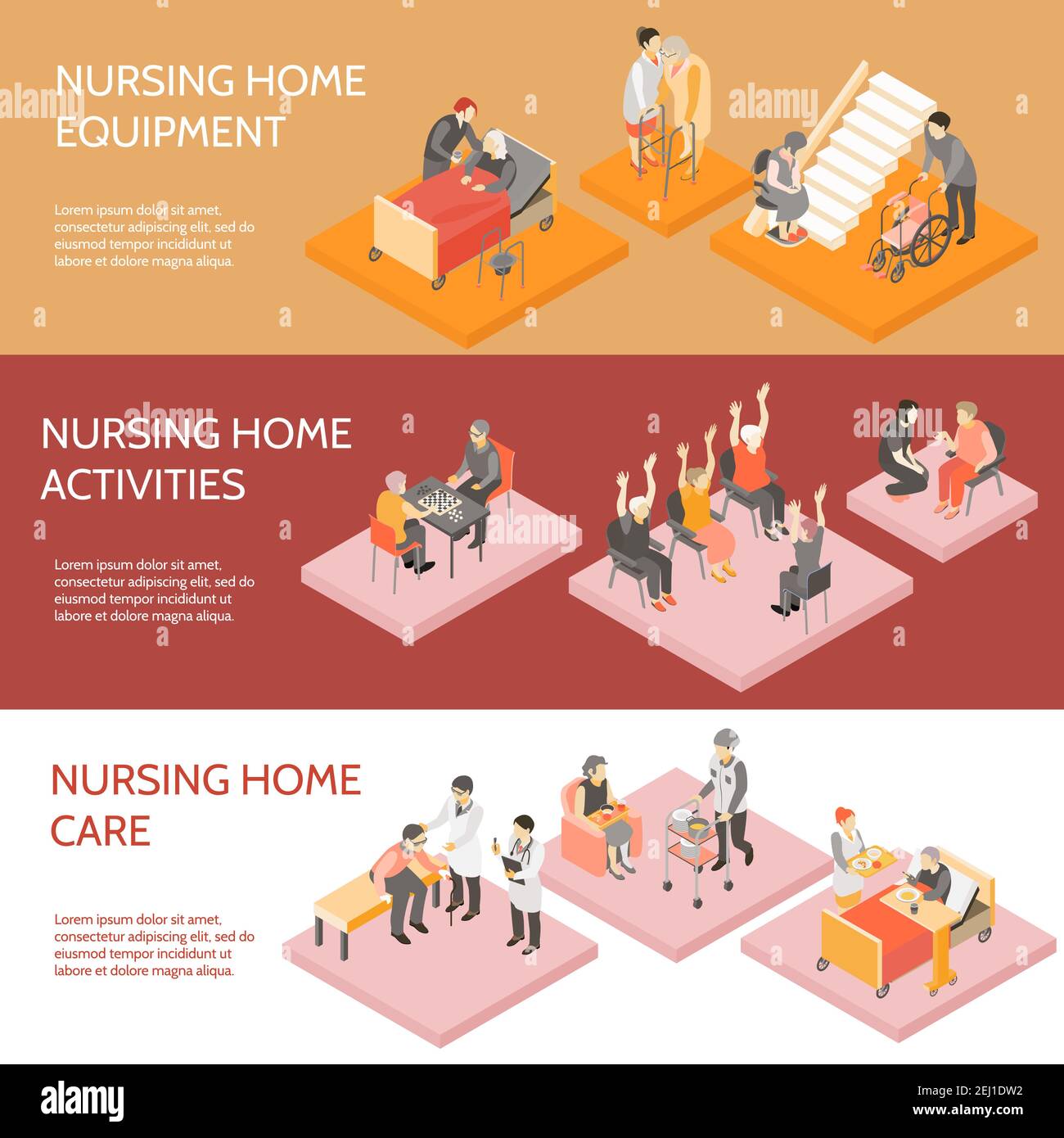 Pflegeheim 3 horizontale Infografik Elemente isometrische Banner Set mit Ausrüstung und tägliche Aktivitäten isolierte Vektordarstellung Stock Vektor