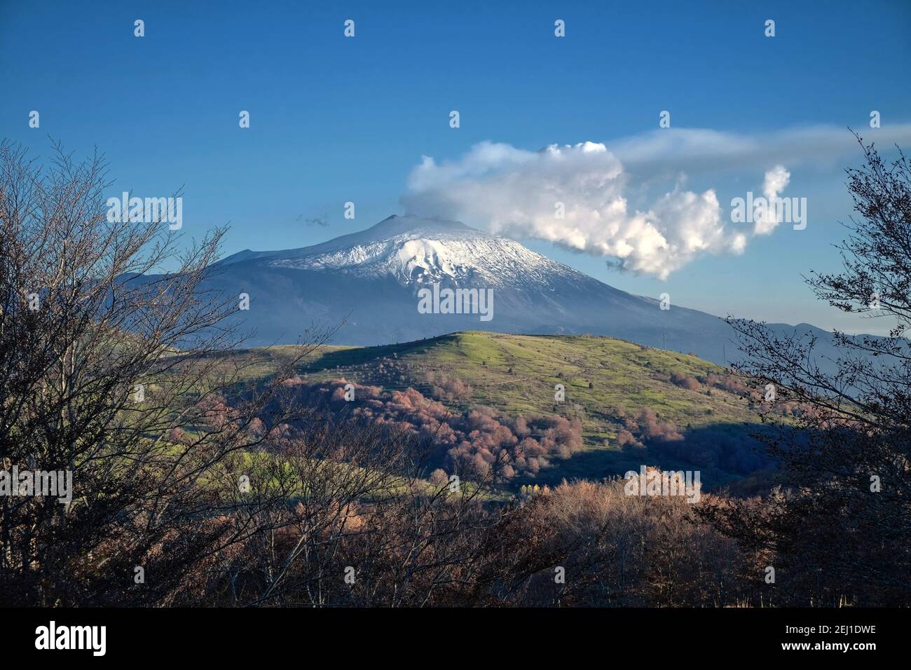 Der Vulkan Ätna emittiert weißes vulkanisches Gas aus dem Nebrodi Park, Sizilien Stockfoto