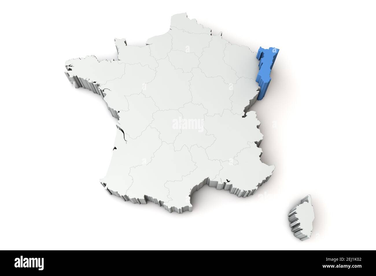 Karte von Frankreich mit der Region Elsass. 3D Rendering Stockfoto
