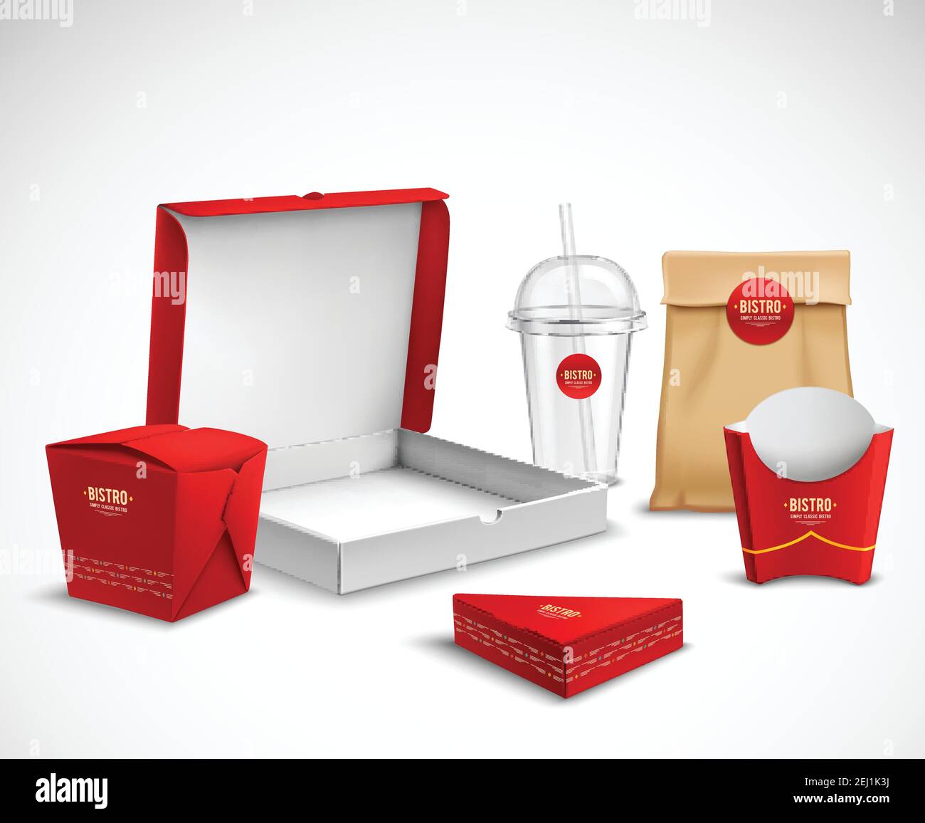 Fast-Food-Verpackung Corporate Identity realistische Vorlagen Proben rot gesetzt Weiß Natur mit Pizza Box Vektor Illustration Stock Vektor