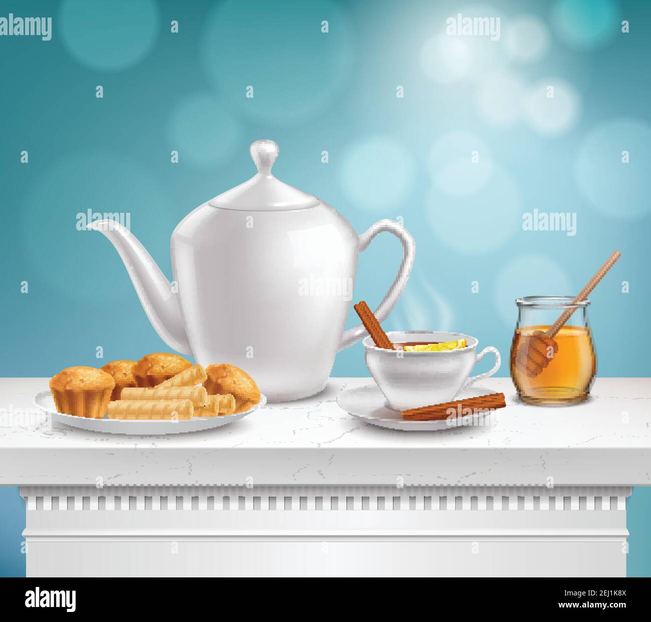 Weiße Porzellan Teekanne voll heißen Teetasse Glas Honig Glas und ...