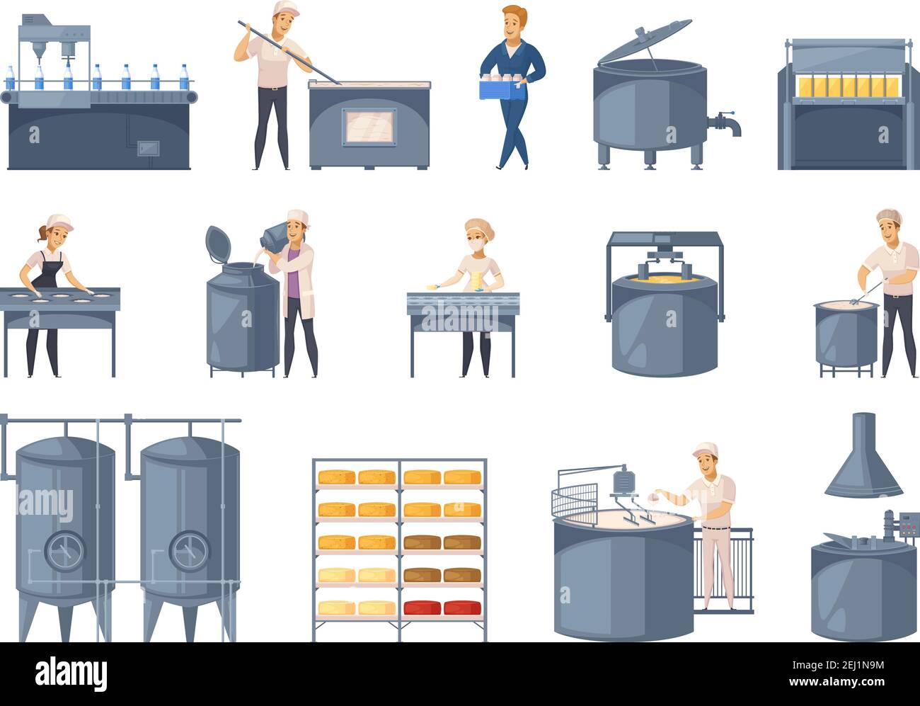 Molkereiproduktion Satz von Cartoon-Icons mit Milch Verarbeitung, Käseherstellung, Arbeiter der Fabrik isoliert Vektor-Illustration Stock Vektor