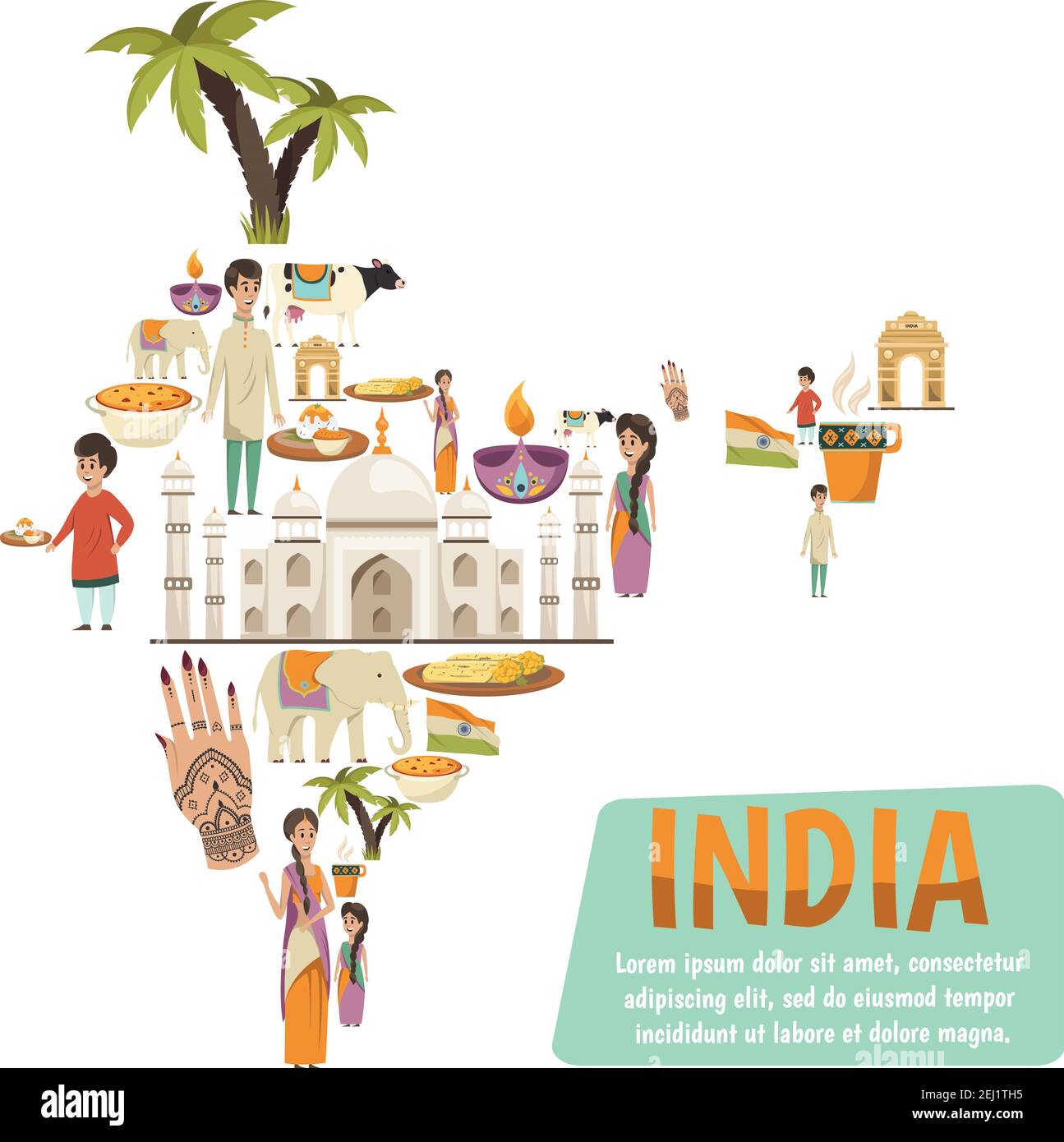 Abstrakte indien-Karte, bestehend aus dekorativen Ikonen, die berühmte nationale beschreiben Wahrzeichen und Traditionen flache Vektor-Illustration Stock Vektor