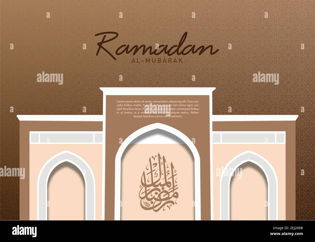 Ramadan al-Mubarak Grußkarte. Moschee Innenarchitektur Kunstkonzept, 'Seligen Ramadan' in arabischer Kalligraphie, Beispieltext und geometrische Muster Hintergrund. Stock Vektor
